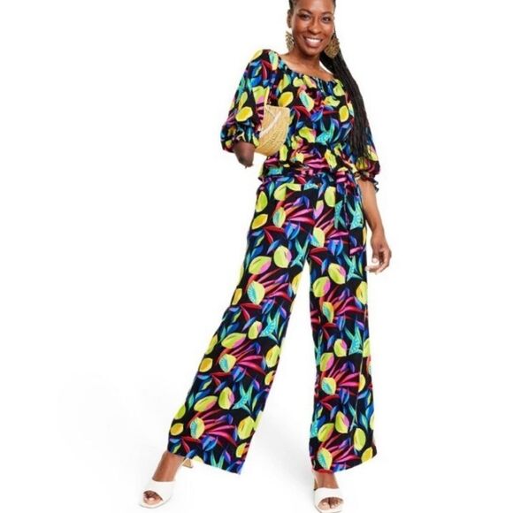 Tabitha Brown Linen 2-Piece Set Lemon Print Bardot and Wide Leg Pant - Picture 10 of 14